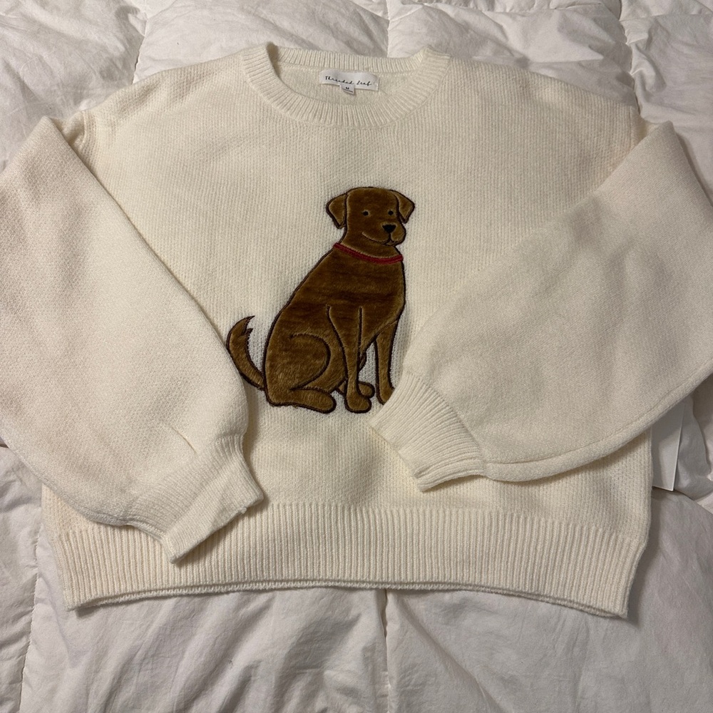 Threaded Leaf Golden Retriever Fuzzy Women's Cream Sweater - NWT - Size M - Picture 3 of 12